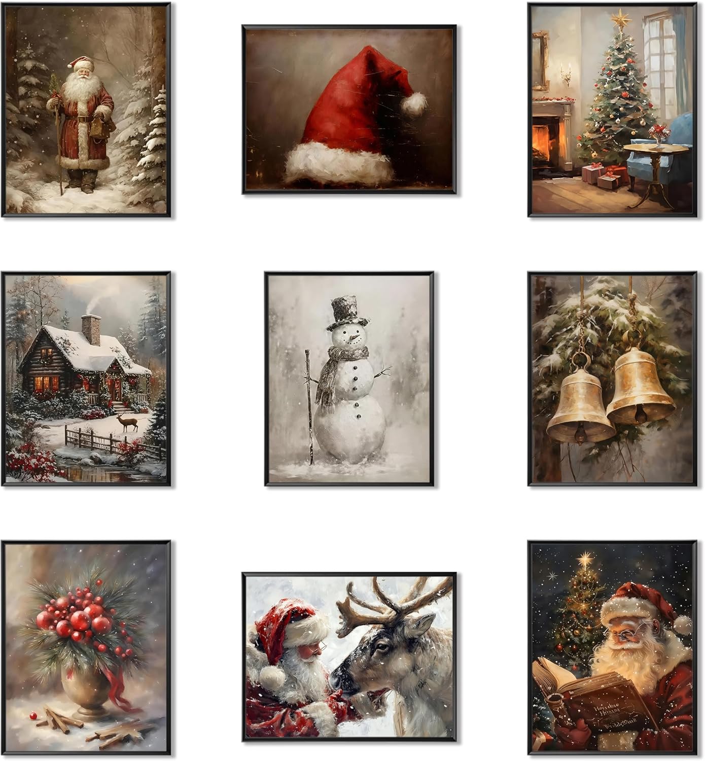 Vintage Christmas Canvas Wall Art, Set of 9, Santa and Snow Scenes