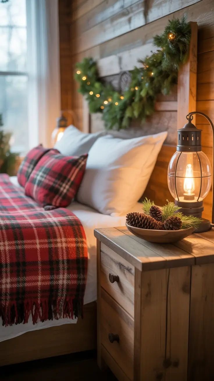 Christmas-styled nightstand with greenery and a small tree