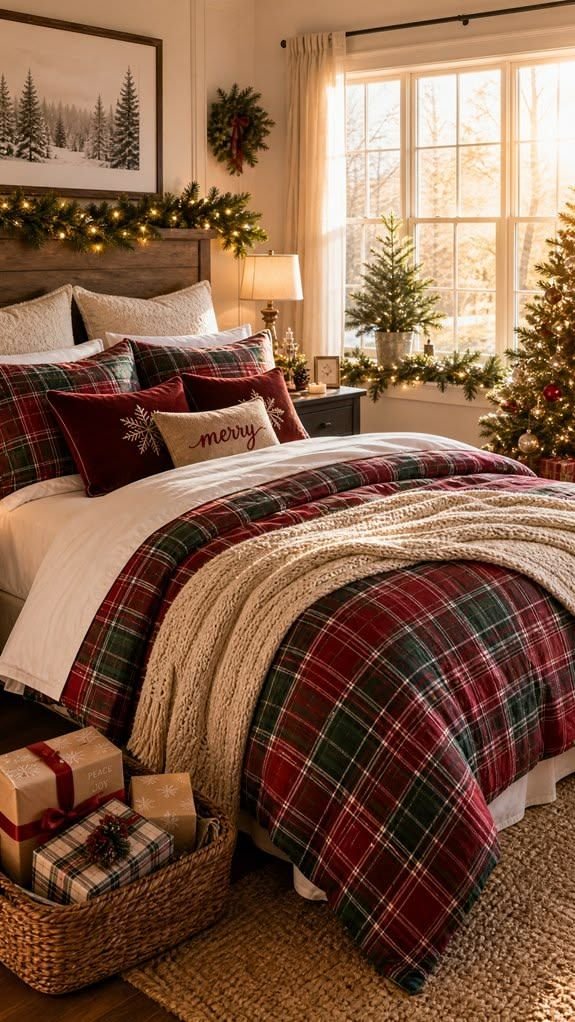 Plaid throw blanket layered on a Christmas bedroom bed