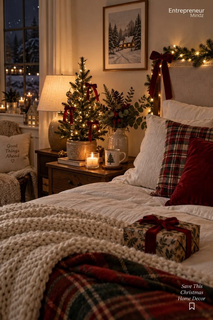 Rustic Christmas bedroom with pine branches and chunky knit textures