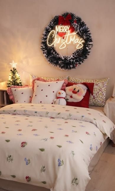 Small bedroom decorated for Christmas with minimal floor-space decor