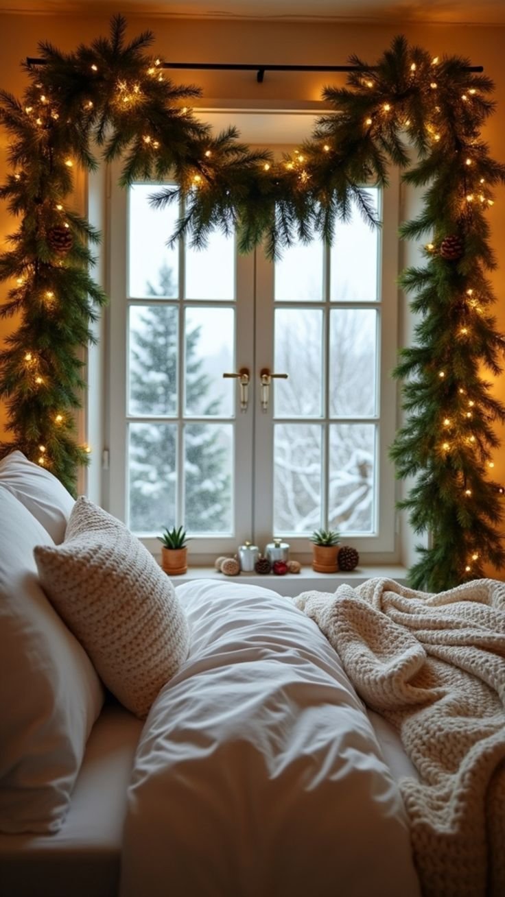Christmas lights decorating a bedroom window at night