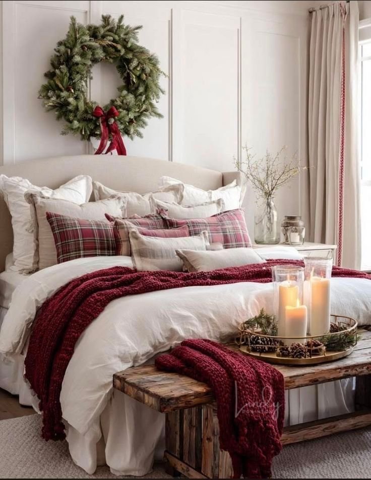 Christmas wreath hung above a bed as a focal point