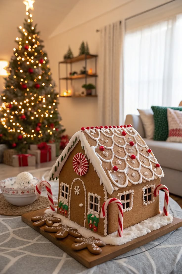 A full gingerbread house with candy cane trim displayed in front of a lit Christmas tree