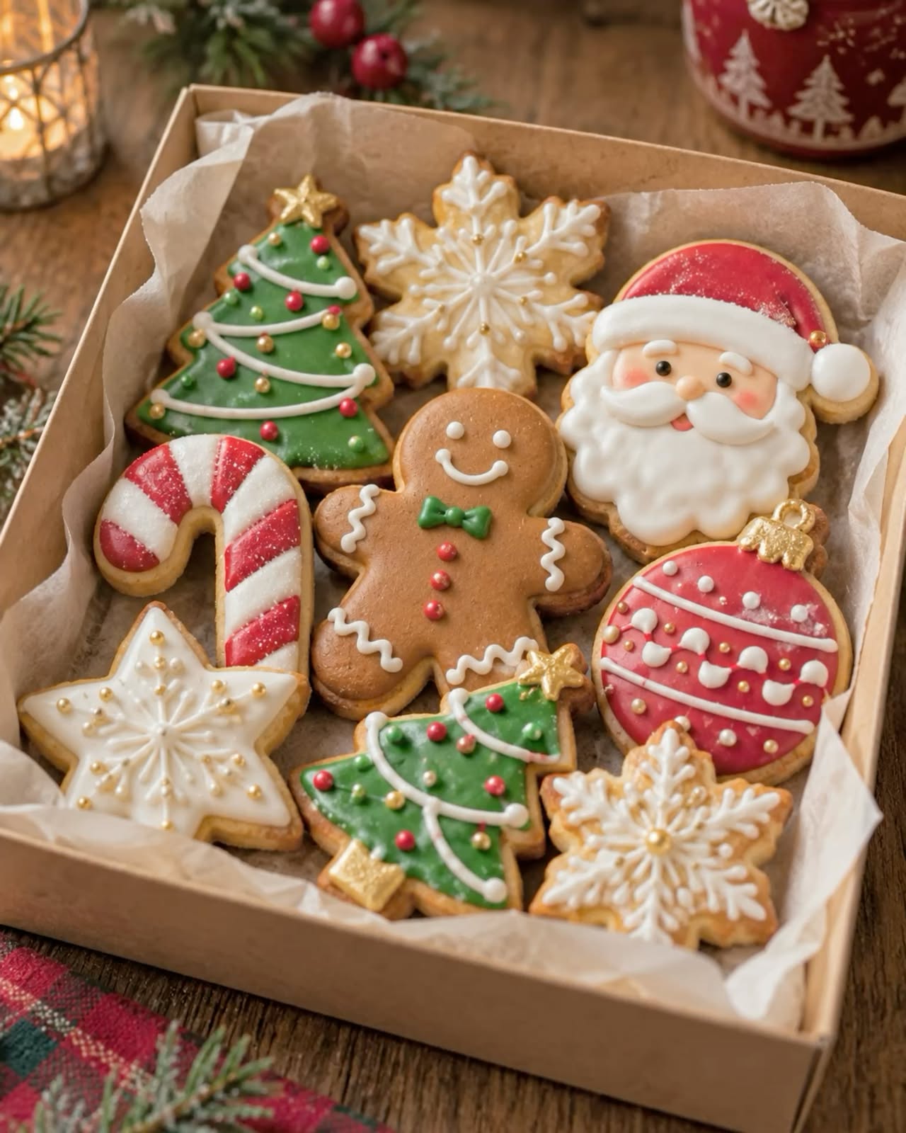 A gift box filled with iced Christmas sugar cookies shaped like trees, Santa, and snowflakes
