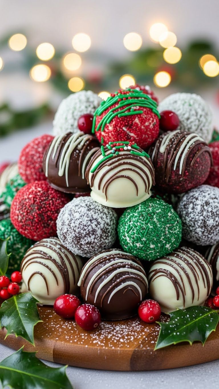 A tower of chocolate truffles rolled in sprinkles and cocoa with fresh cranberries
