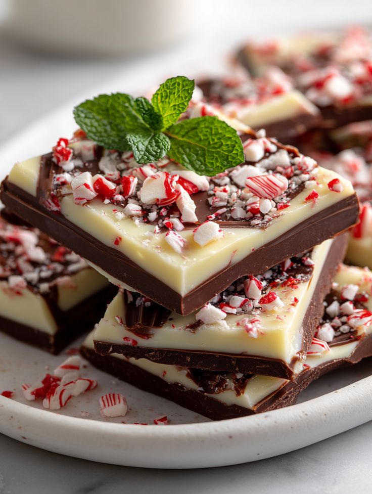 Stacked squares of white and dark chocolate peppermint bark topped with crushed candy canes
