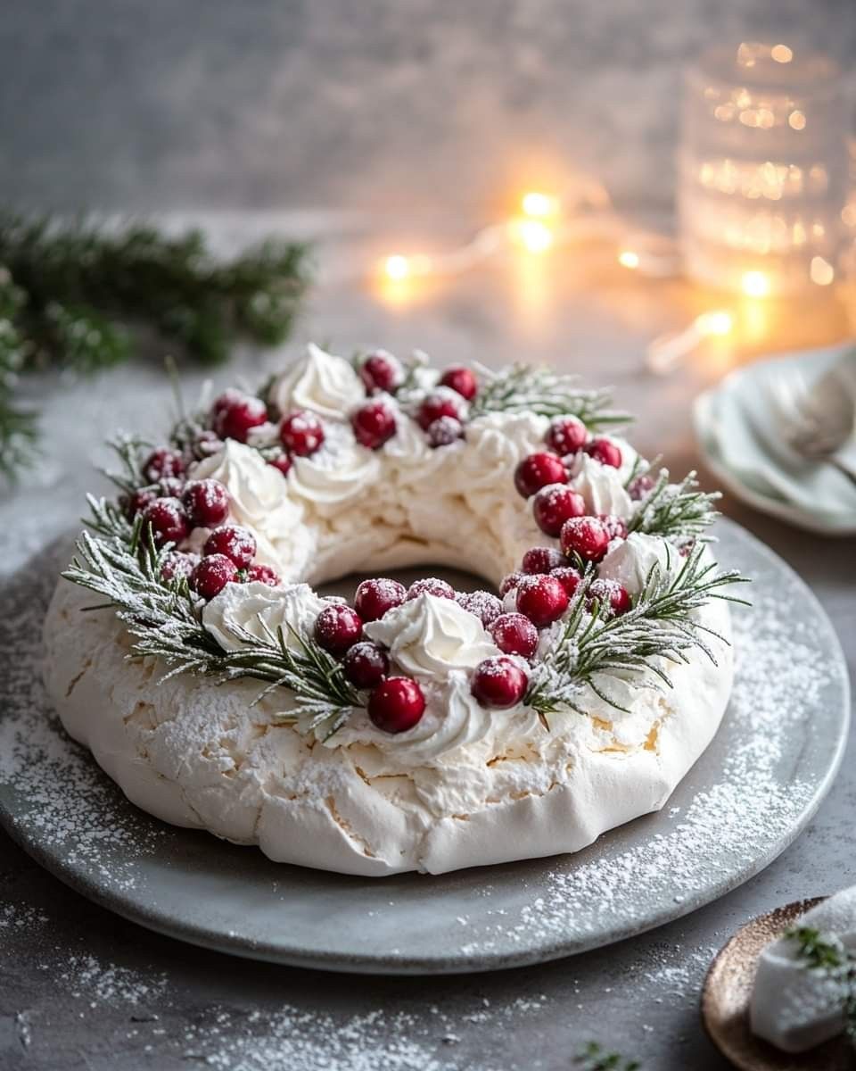 A pavlova wreath topped with whipped cream, sugared cranberries, and rosemary sprigs