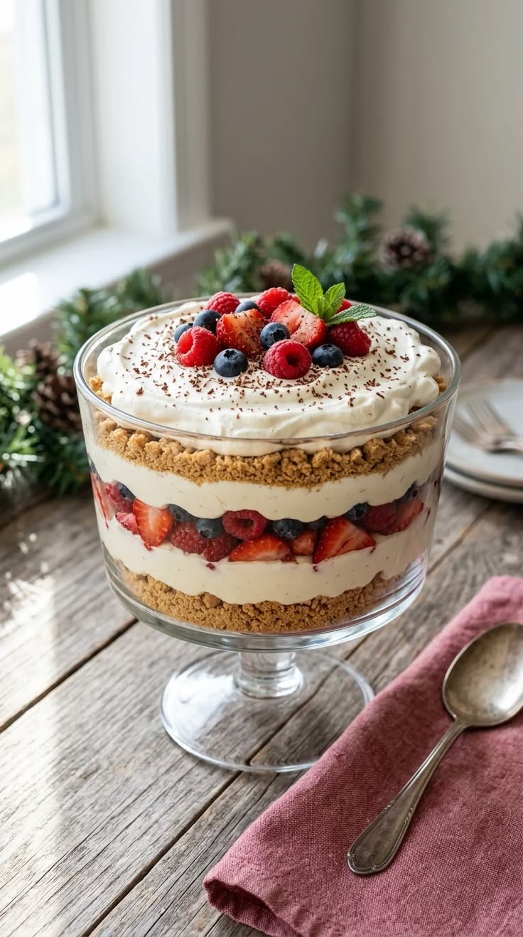 A layered berry cheesecake trifle with whipped cream and graham cracker crumbs in a glass bowl