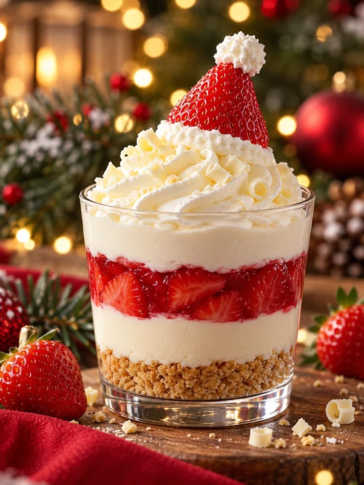 A layered strawberry cheesecake cup topped with whipped cream shaped like a Santa hat