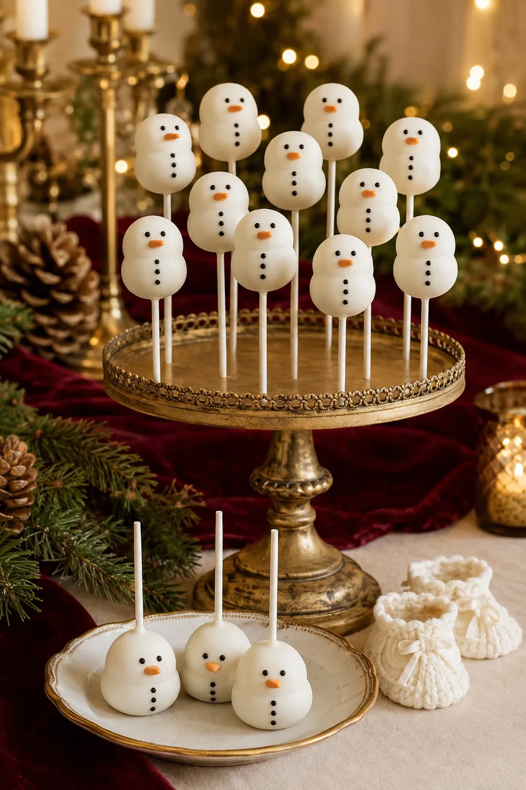 Snowman cake pops displayed on a gold tiered stand with pinecones and greenery