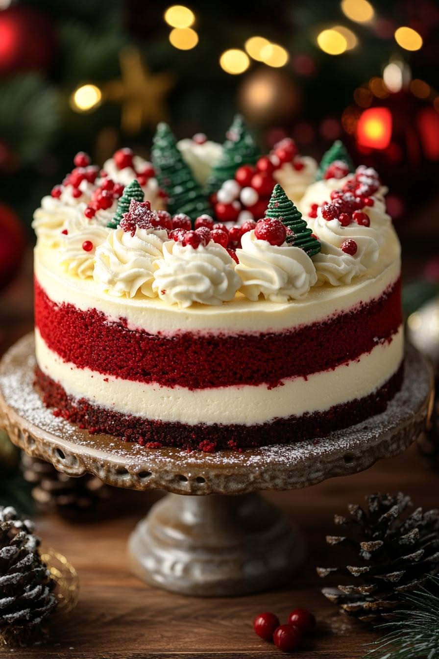 A red velvet layer cake with cream cheese frosting, piped rosettes, and mini Christmas trees