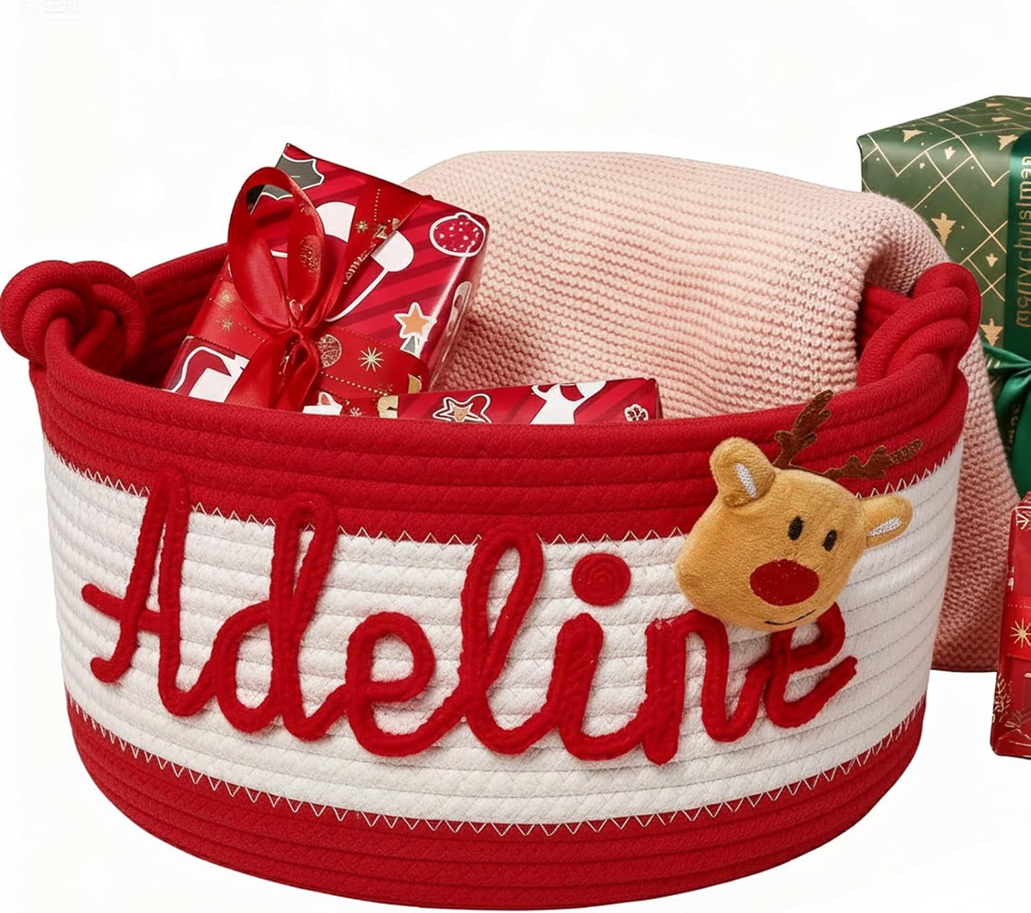 MBBEST Personalized Christmas Gift Basket, Cotton Rope with Name