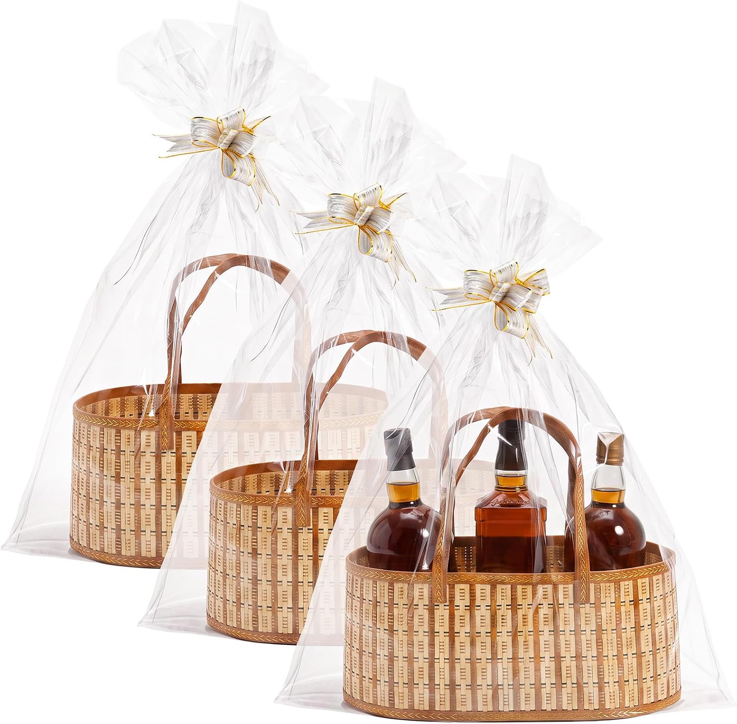 Empty Bamboo Gift Baskets with Handle, Foldable, Set of 3