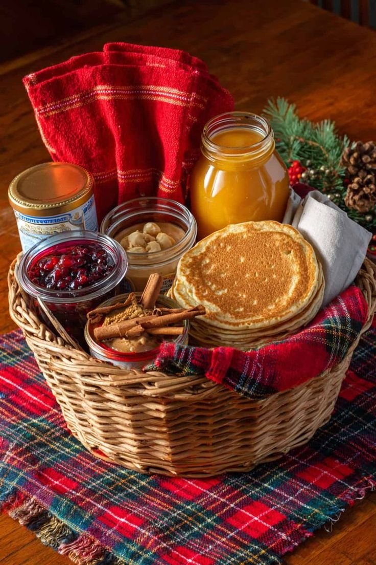 Christmas breakfast in bed basket with pastries and a tray
