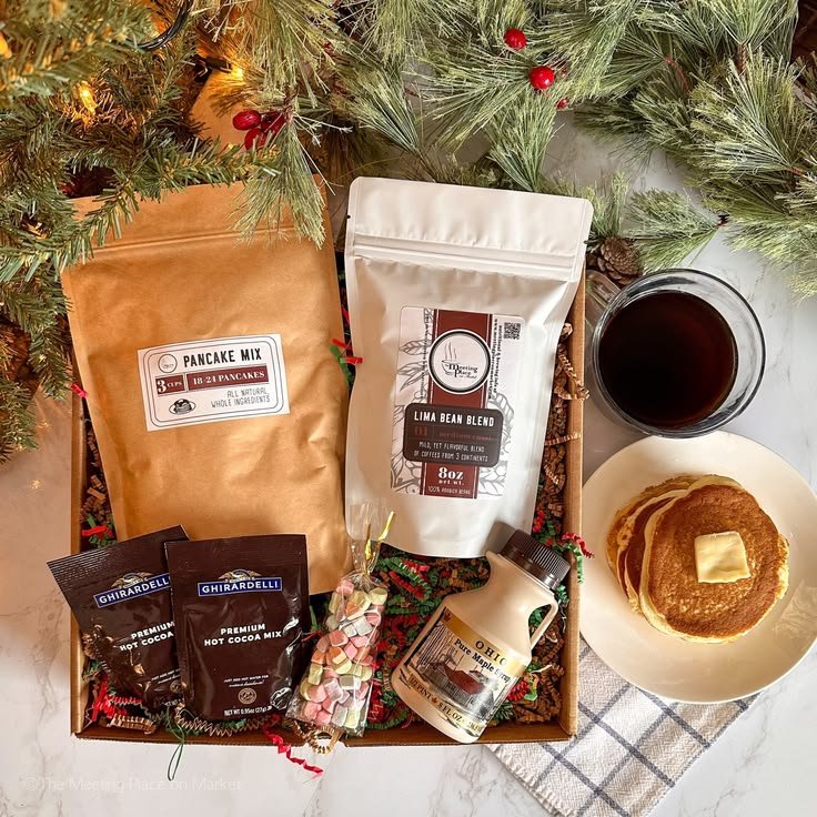 Christmas breakfast gift basket with pancake mix and jam
