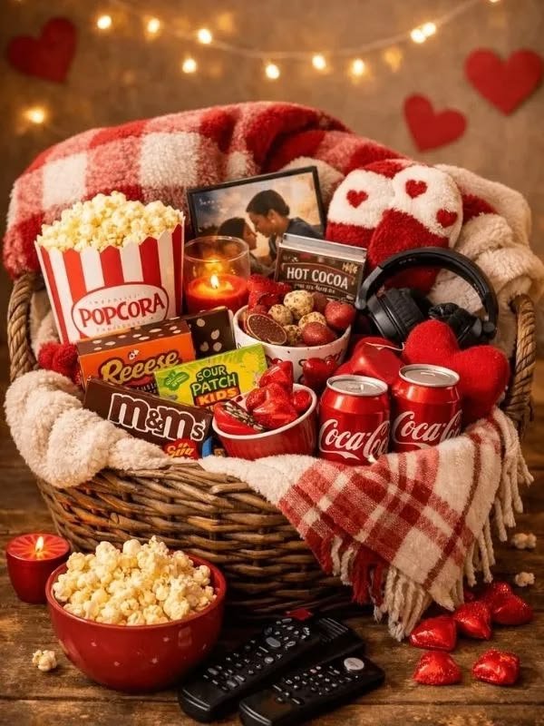 Christmas movie night basket with popcorn and cozy blanket
