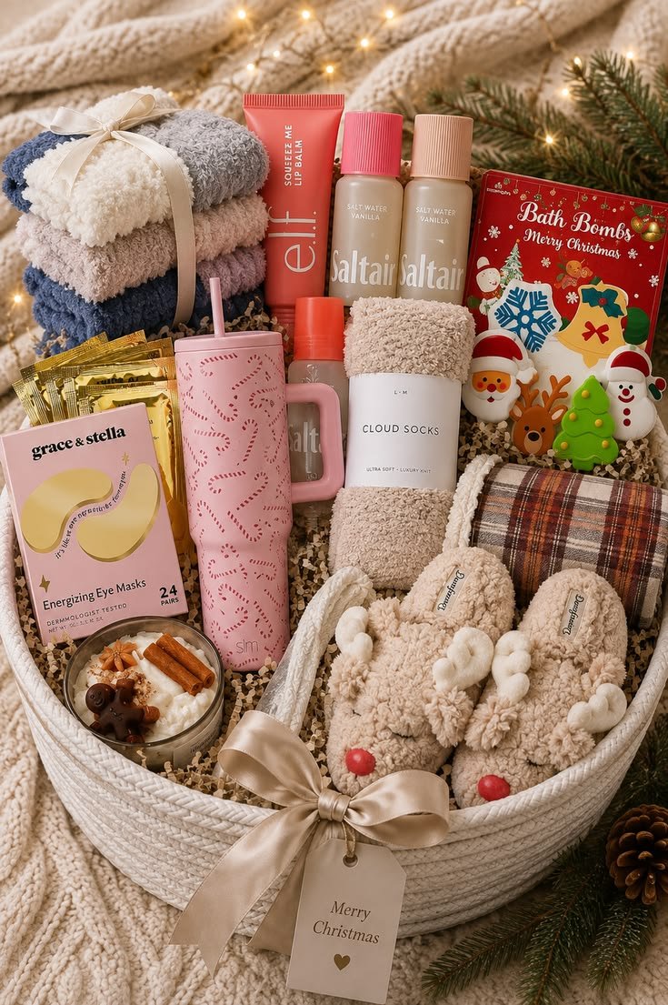 Self-care Christmas gift basket with candles and bath products