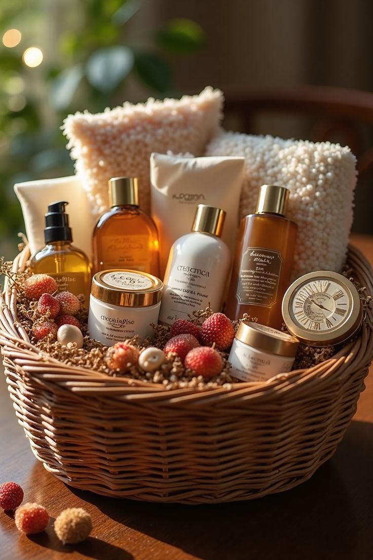 Christmas spa basket with amber glass bottles and dried berries