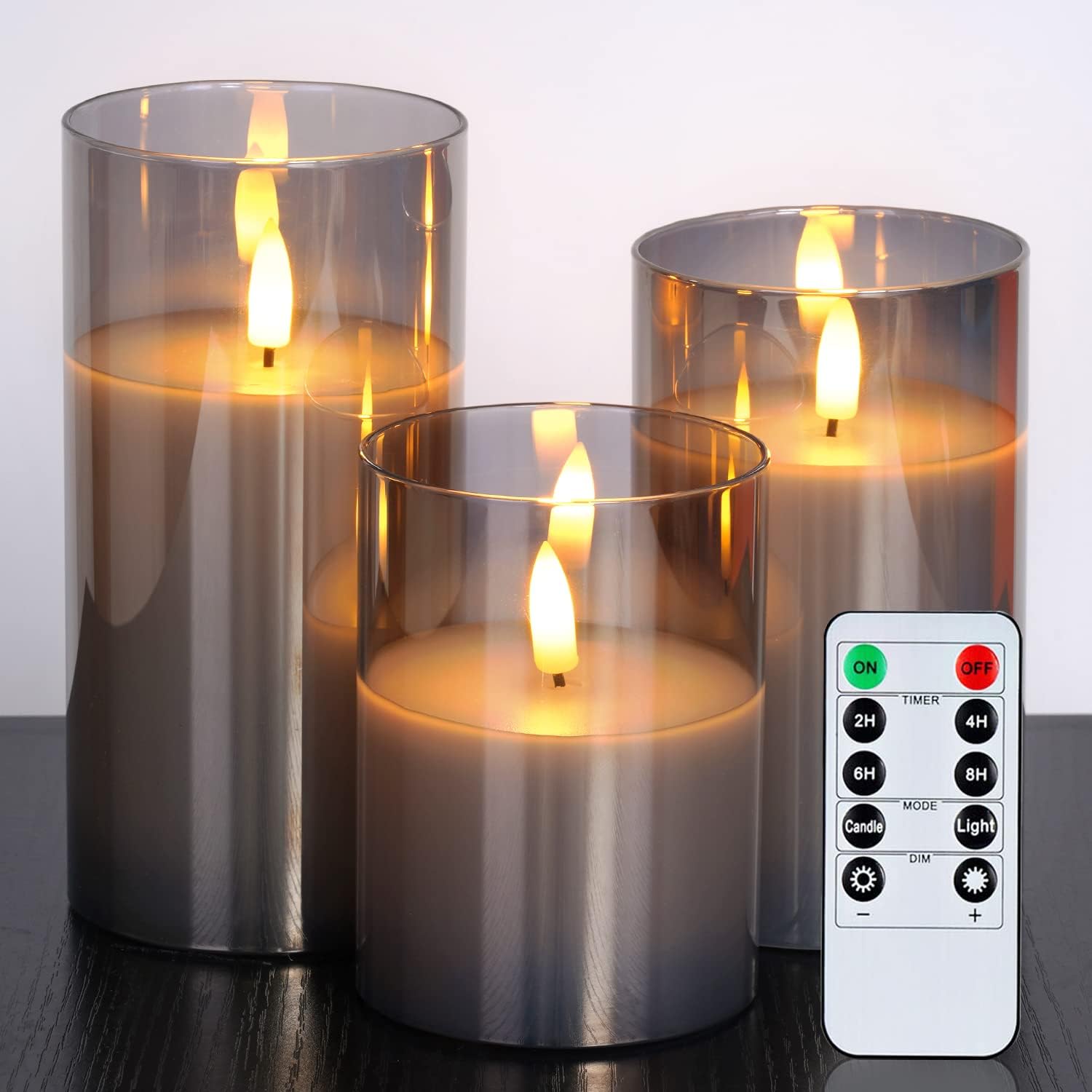 Amagic Gray Glass Flameless LED Candles, Battery Operated, Set of 3