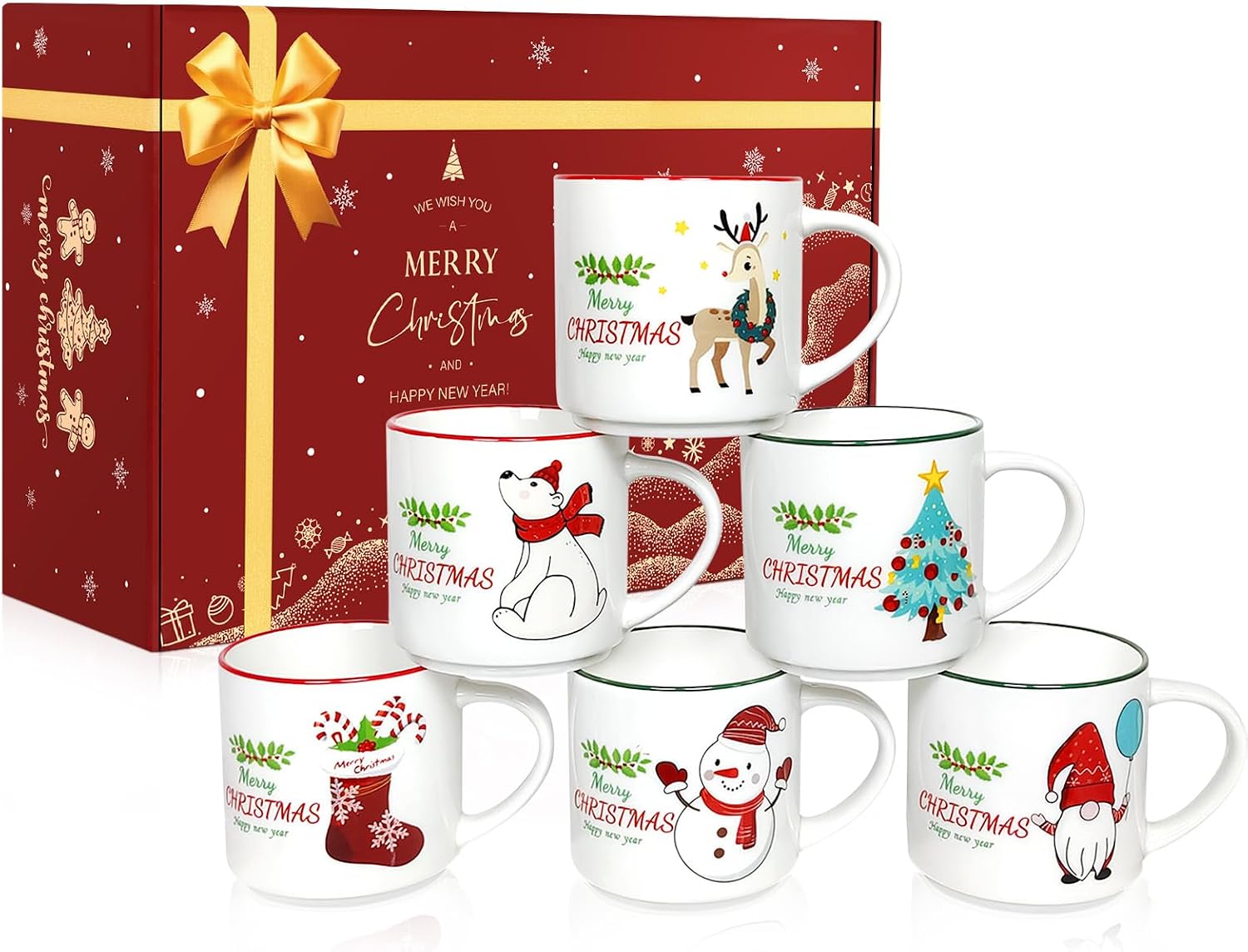 QIKSION Christmas Coffee Mugs, Set of 6, 14 oz Hot Chocolate Mugs