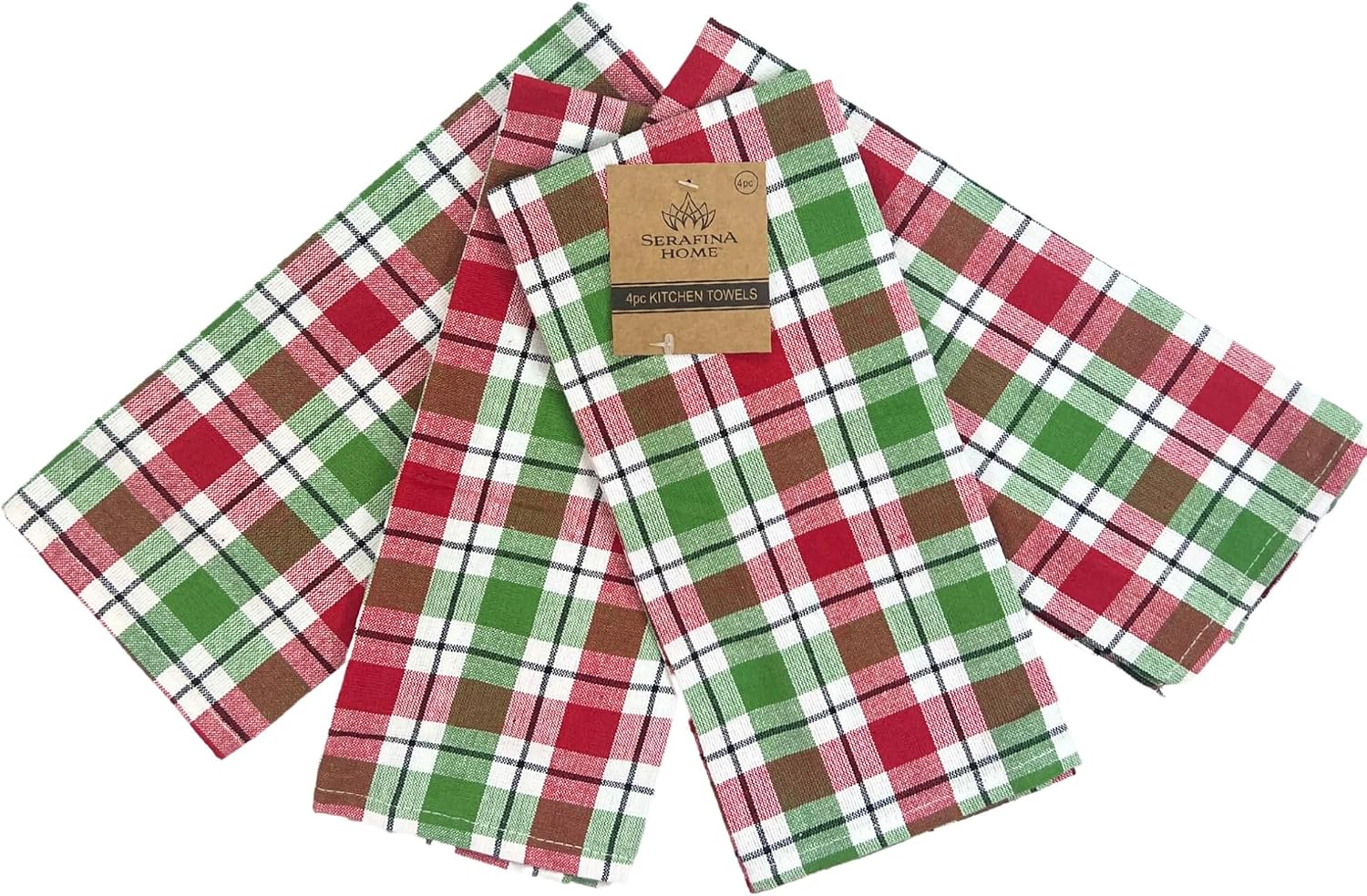 Christmas Plaid Kitchen Hand Dish Towel, Red Green White Tartan, Set of 4
