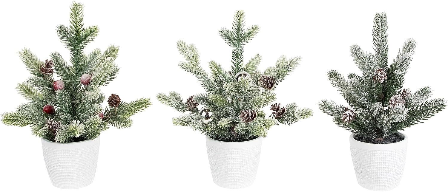 Flocked Pine Mini Artificial Christmas Trees with Pinecones, 12 Inch, Set of 3