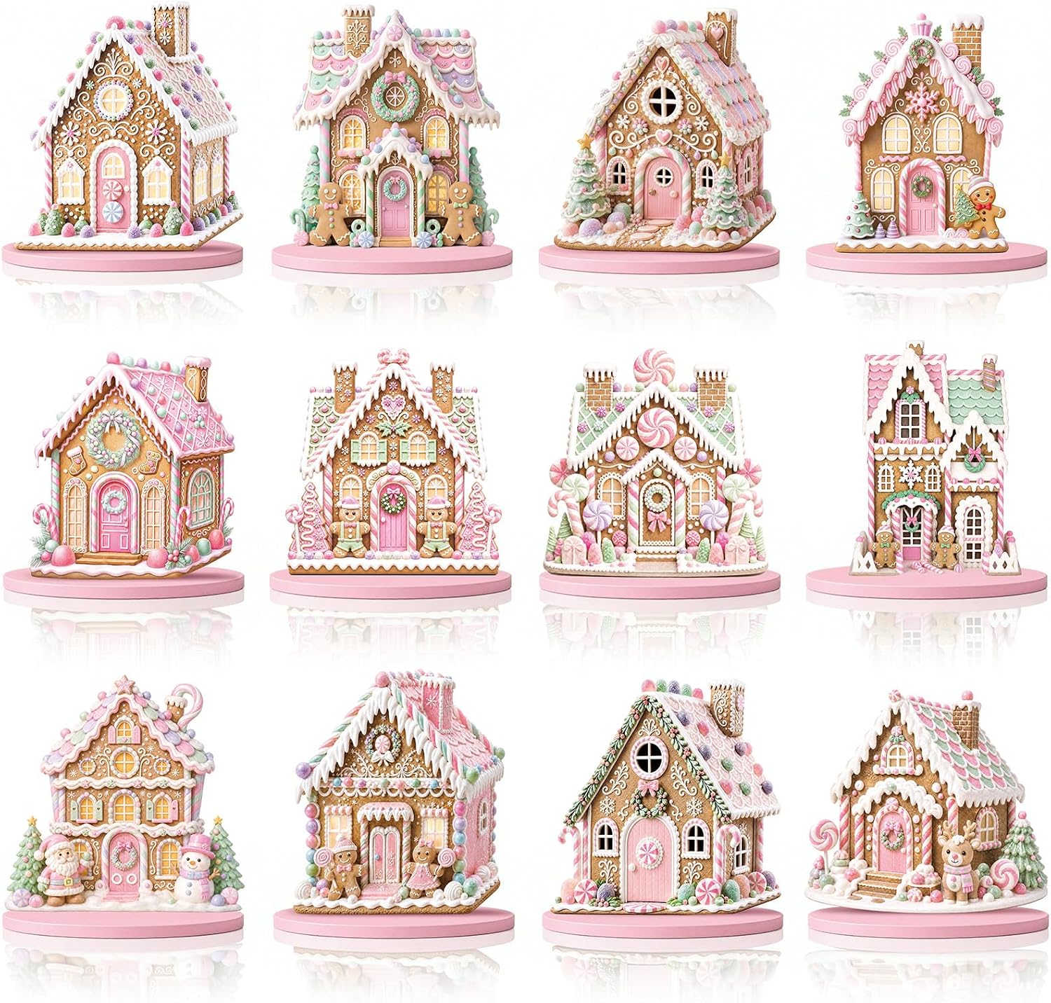 12 Pcs Christmas Gingerbread House Decor, Pink Pastel Table Centerpiece