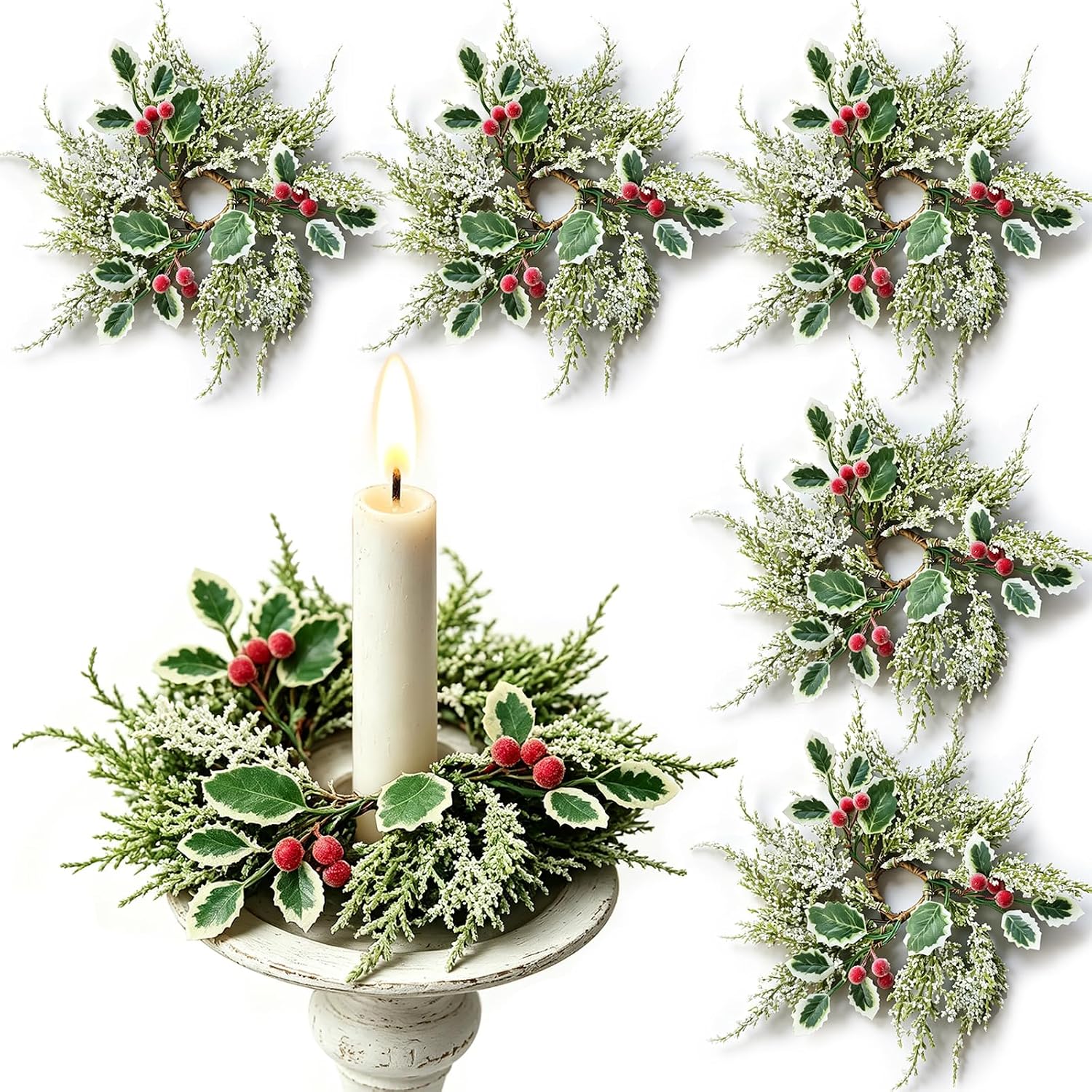 Mini Christmas Taper Candle Ring Wreaths with Baby's Breath, Set of 6