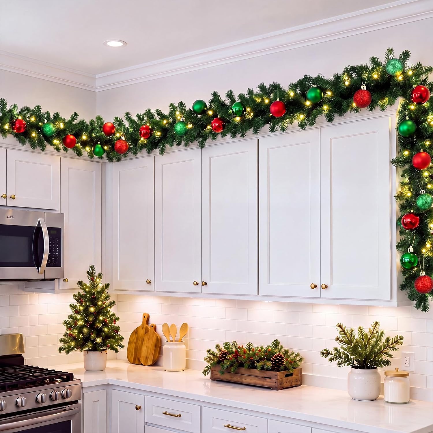 Cindeer Lighted Christmas Garland for Above Kitchen Cabinets, 6 ft