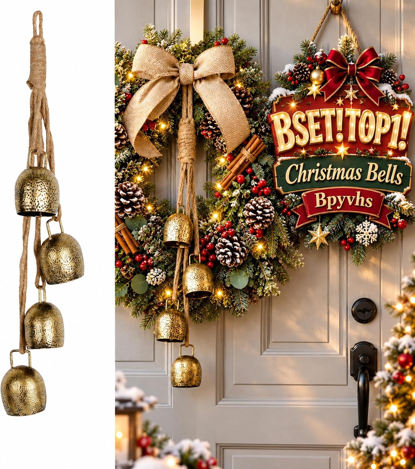 Vintage Gold Christmas Bells on Jute Rope, Wreath Door Decor