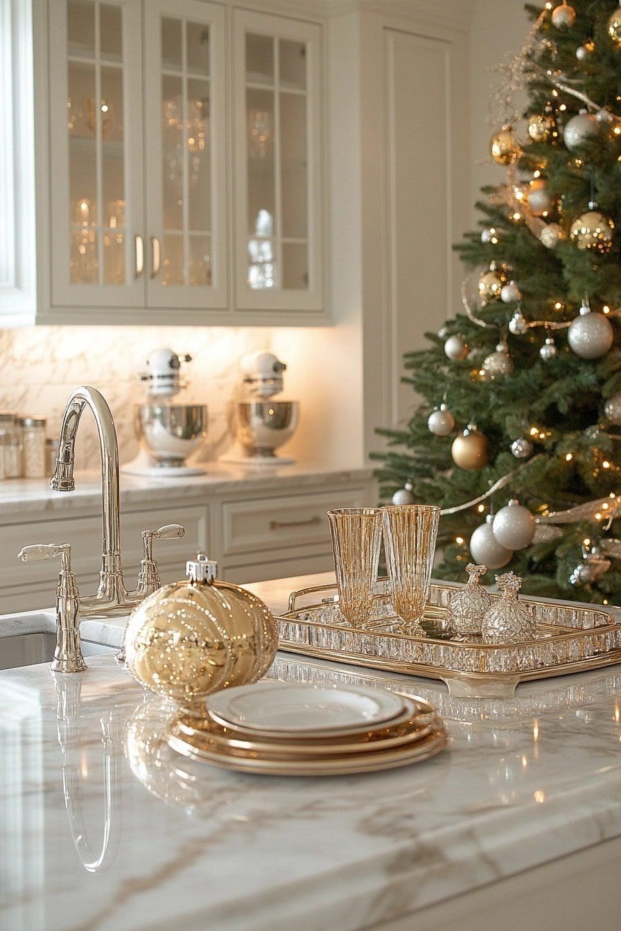 A gold and champagne Christmas tree near a white kitchen island