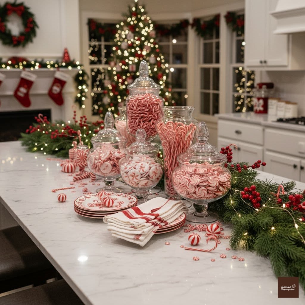 Glass apothecary jars filled with peppermint candy on a marble kitchen island