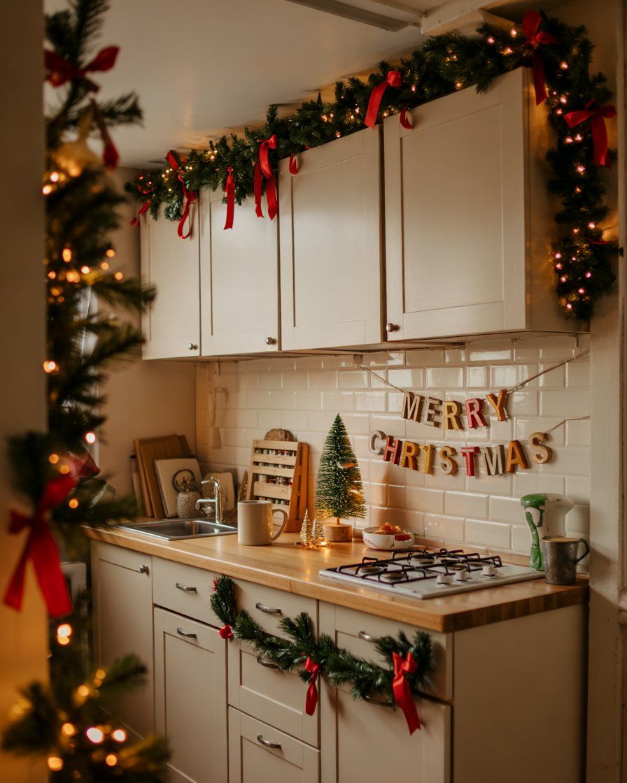 A Merry Christmas banner strung along a kitchen backsplash above the stove