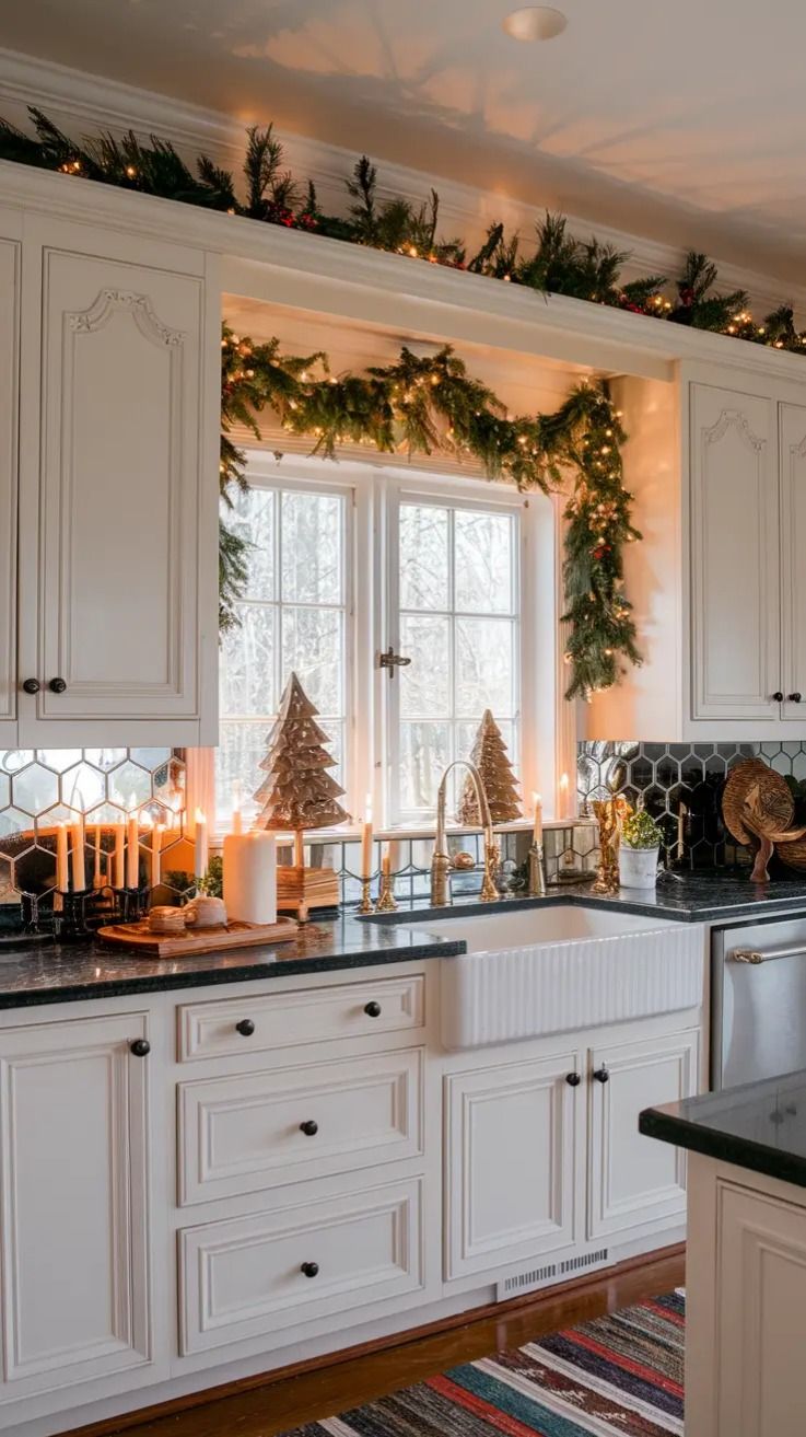 Garland framing a kitchen window with brass candlesticks on the counter below