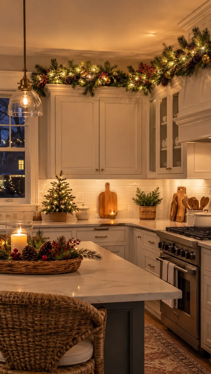 A corner garland decorated with gift tags, pinecones, and wrapped boxes