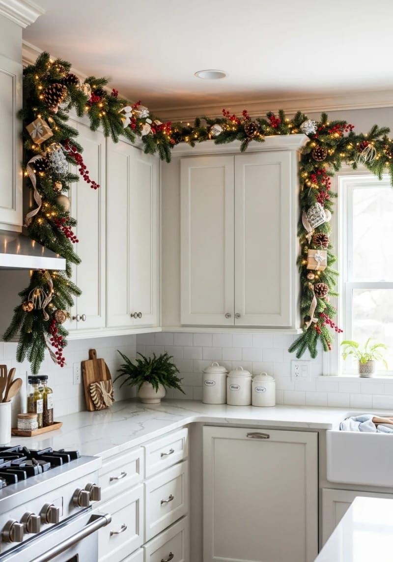 Beaded garland strung over white kitchen cabinets with ornaments and plants