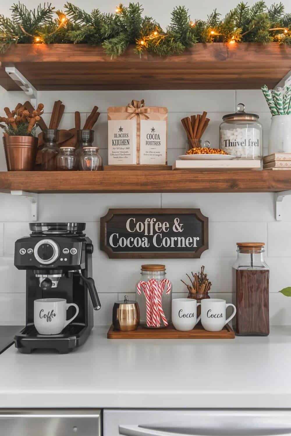 A coffee and cocoa corner shelf with labeled jars and a wood sign