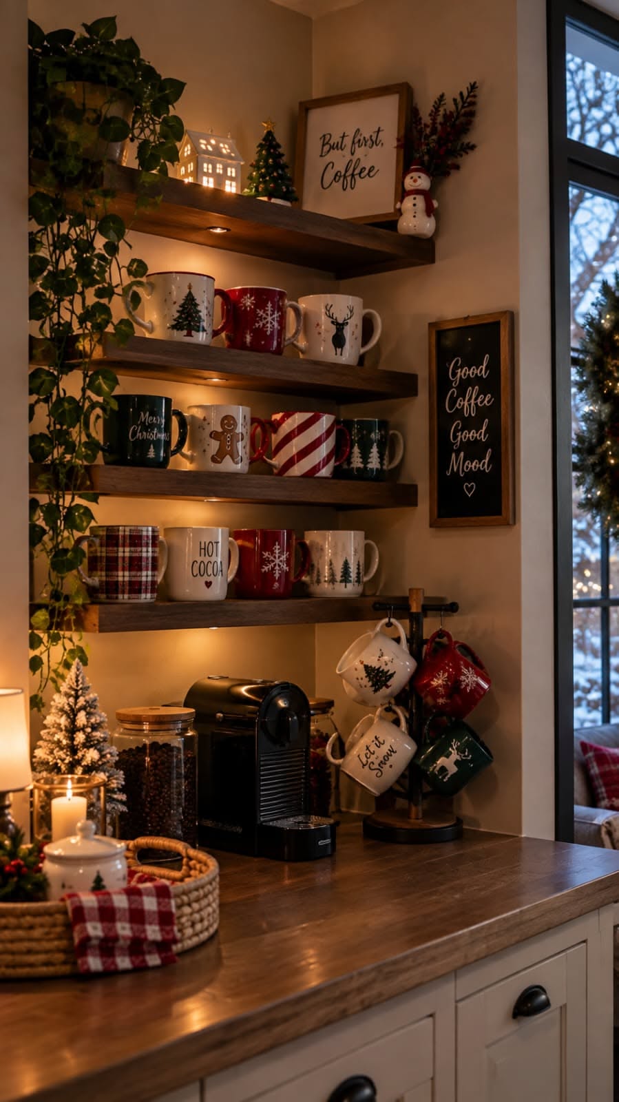 Floating shelves filled with a wall of mismatched Christmas mugs
