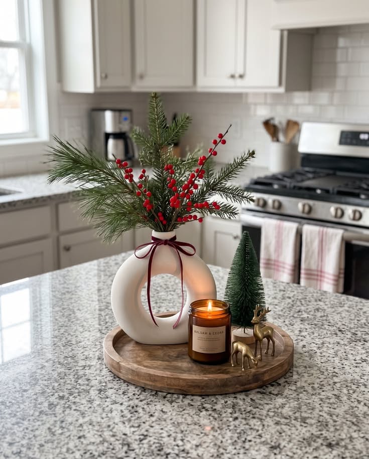A white vase with red berries and a lit candle on a kitchen island