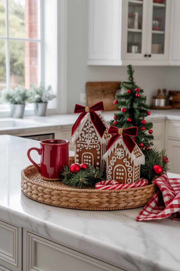 A gingerbread house nestled in a woven basket with mini Christmas trees