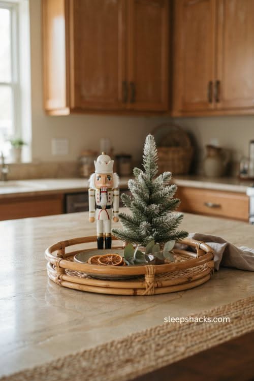 A wooden nutcracker and flocked mini tree on a round tray