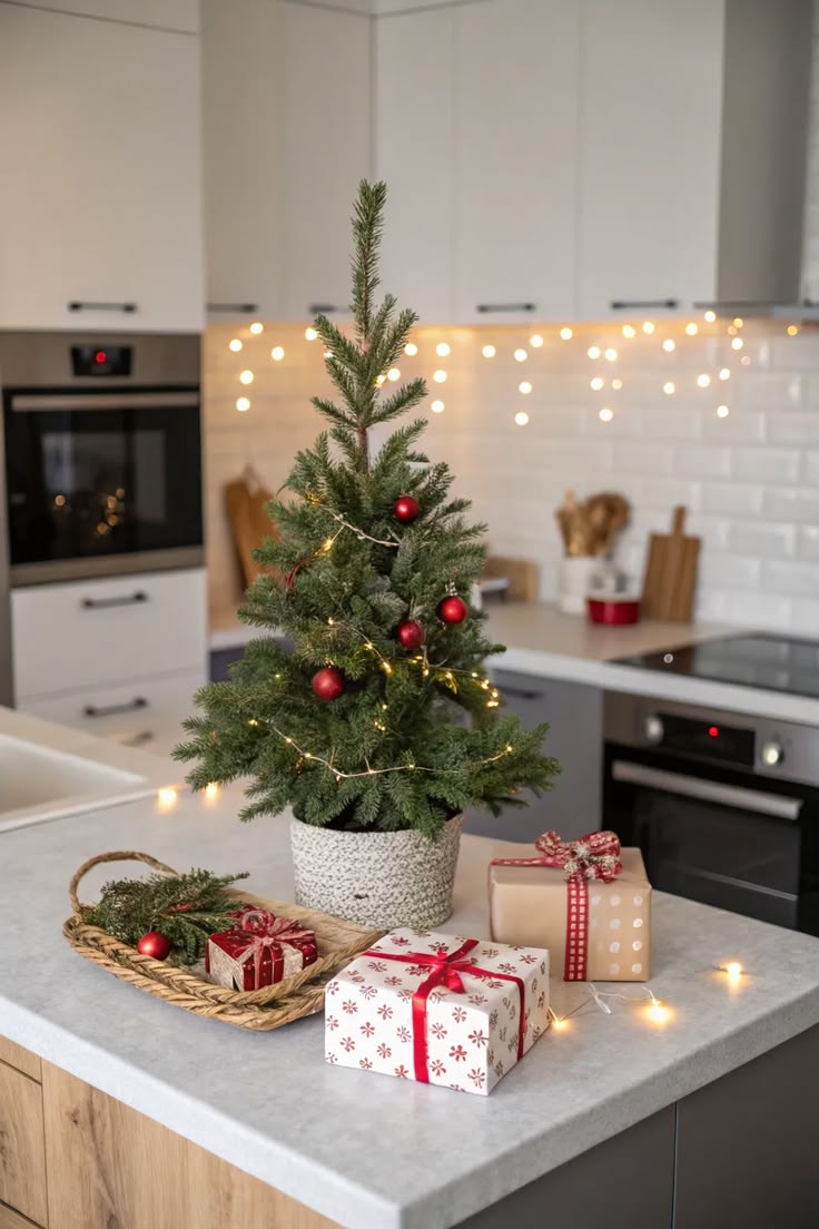 A small lit Christmas tree with wrapped gifts on a kitchen island