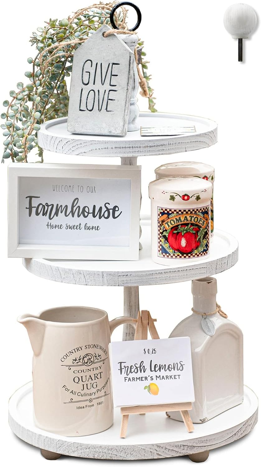 SensaCasa Farmhouse Three Tiered Wood Tray Stand, Round