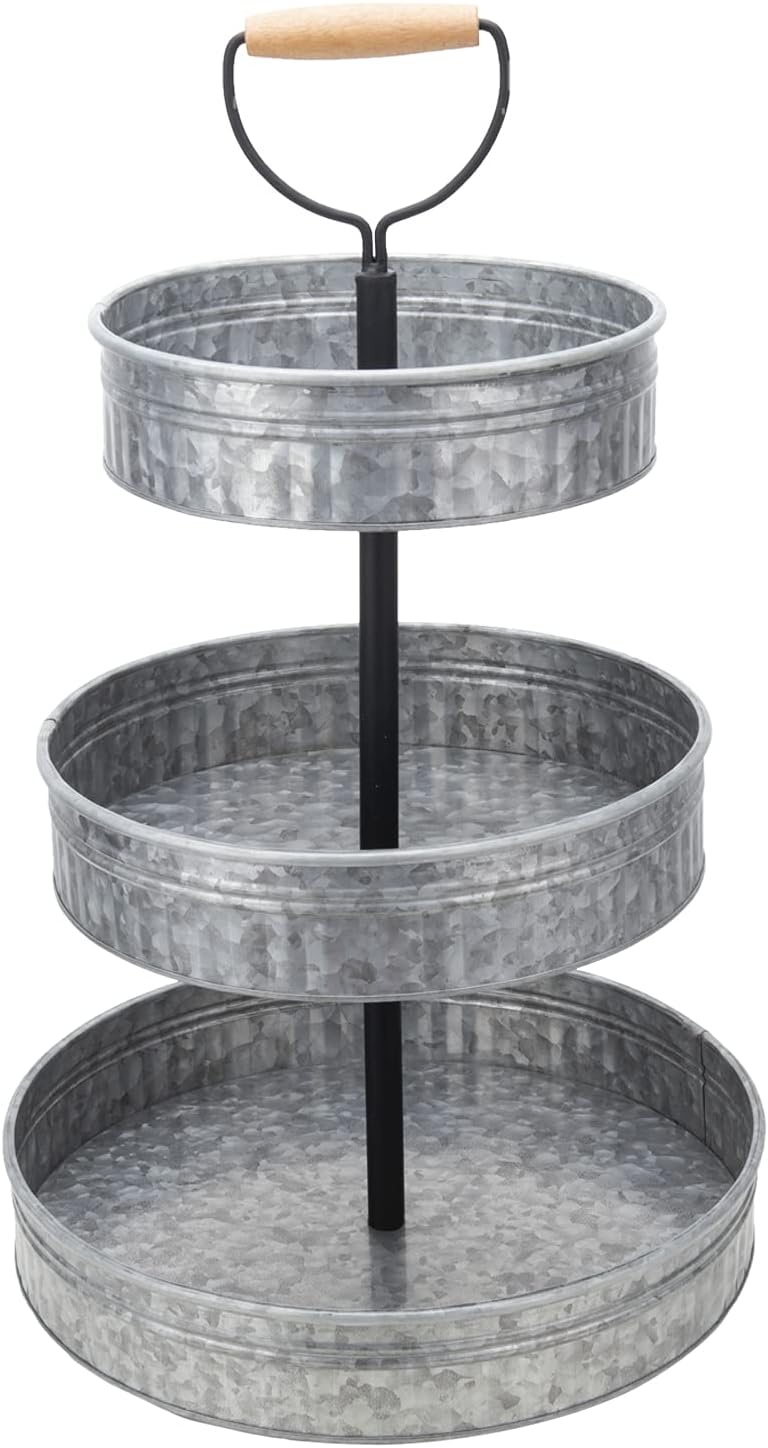 Vipush Farmhouse Metal Tiered Tray, Rustic Galvanized 3 Tier Serving Stand