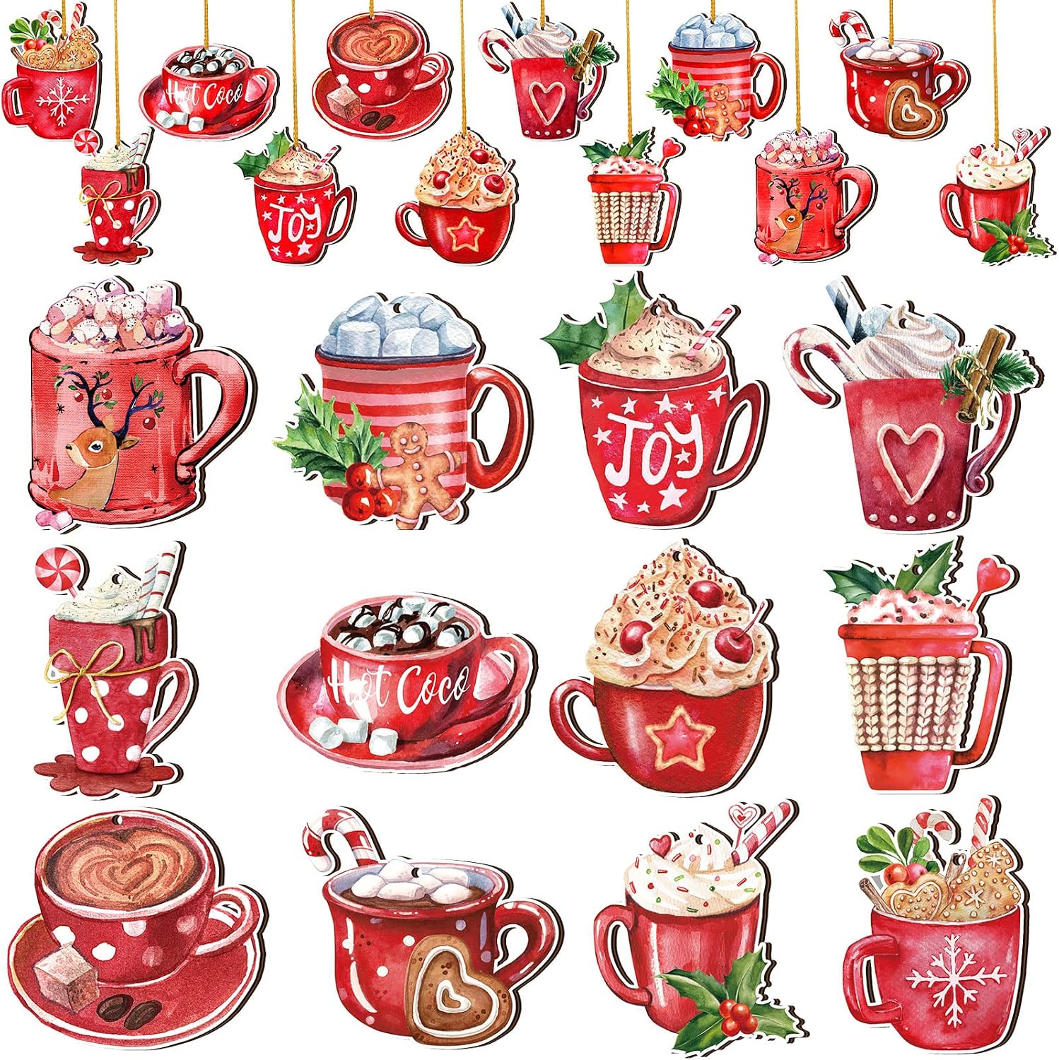 BBTO 36 Pcs Coffee Cup Christmas Ornaments, Wooden Hot Cocoa Mug Ornaments