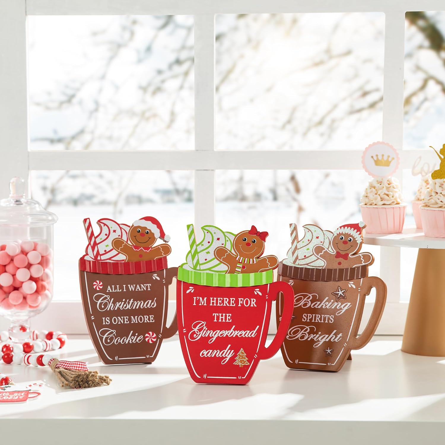 Glitzhome Christmas Wooden Table Signs, Set of 3, Gingerbread Man Mug Decor