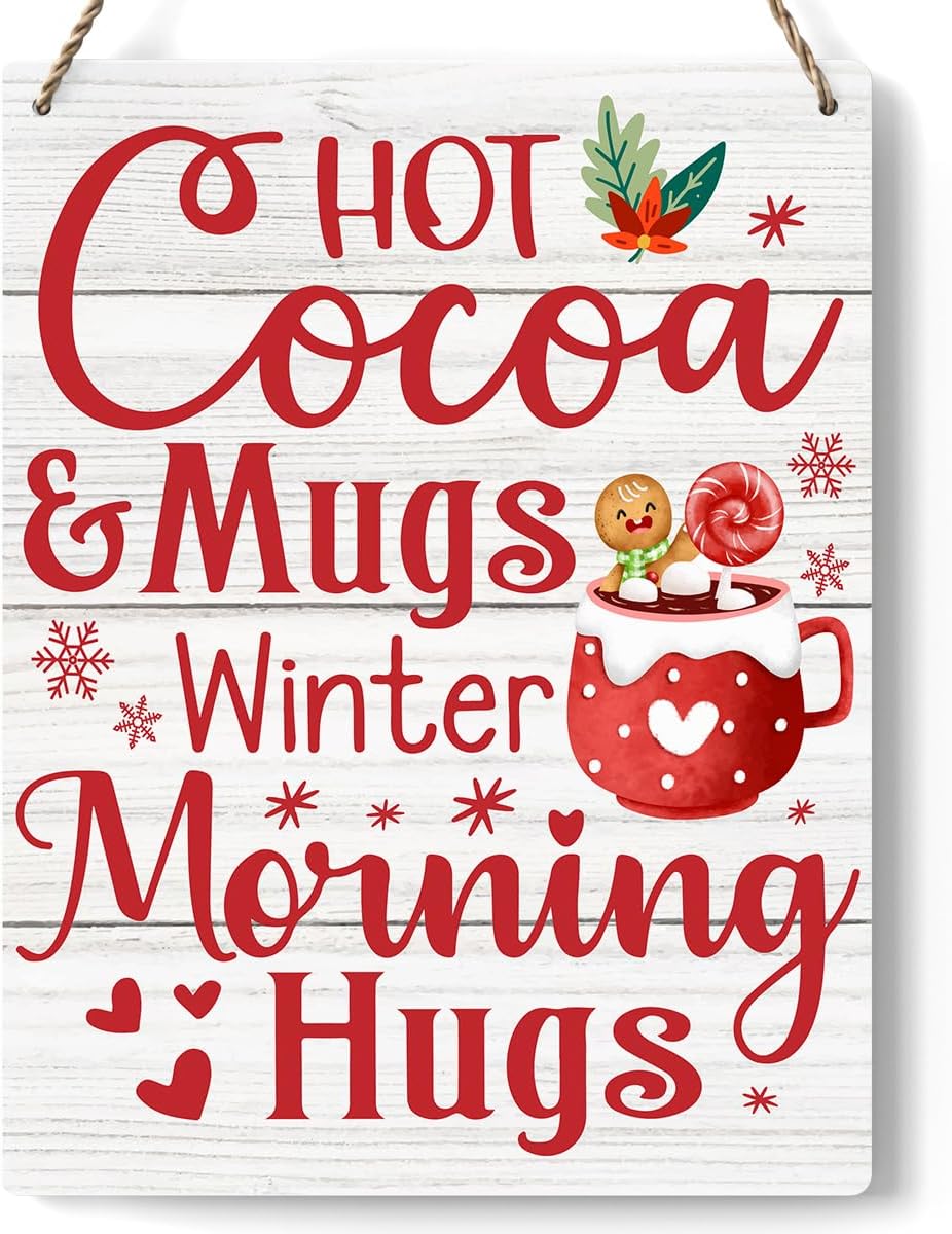Hot Cocoa Christmas Wood Sign, Rustic Hanging Plaque, 8x10 Inch