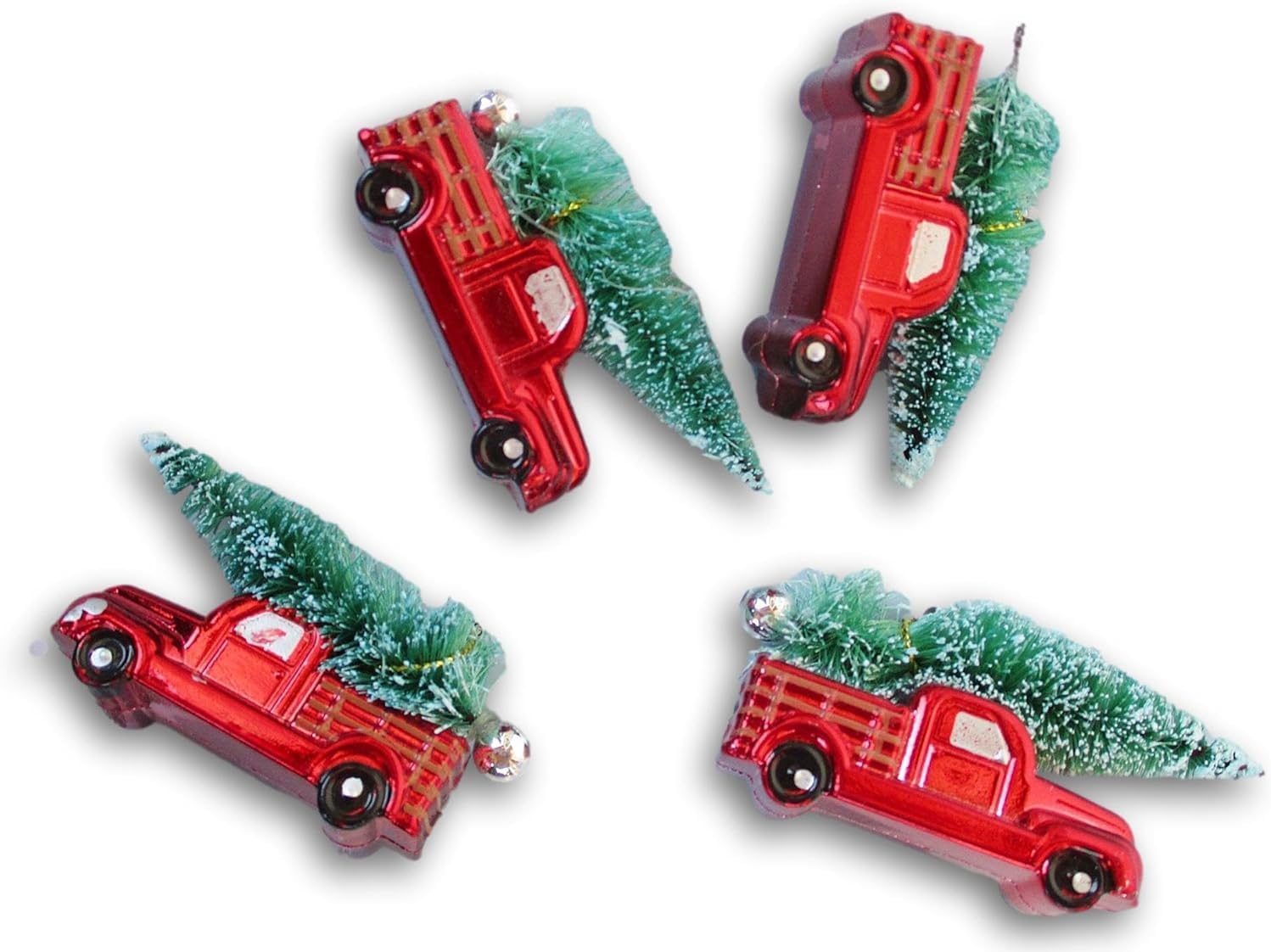 Mini Christmas Tree Ornaments, Metallic Red Truck with Tree, Set of 4