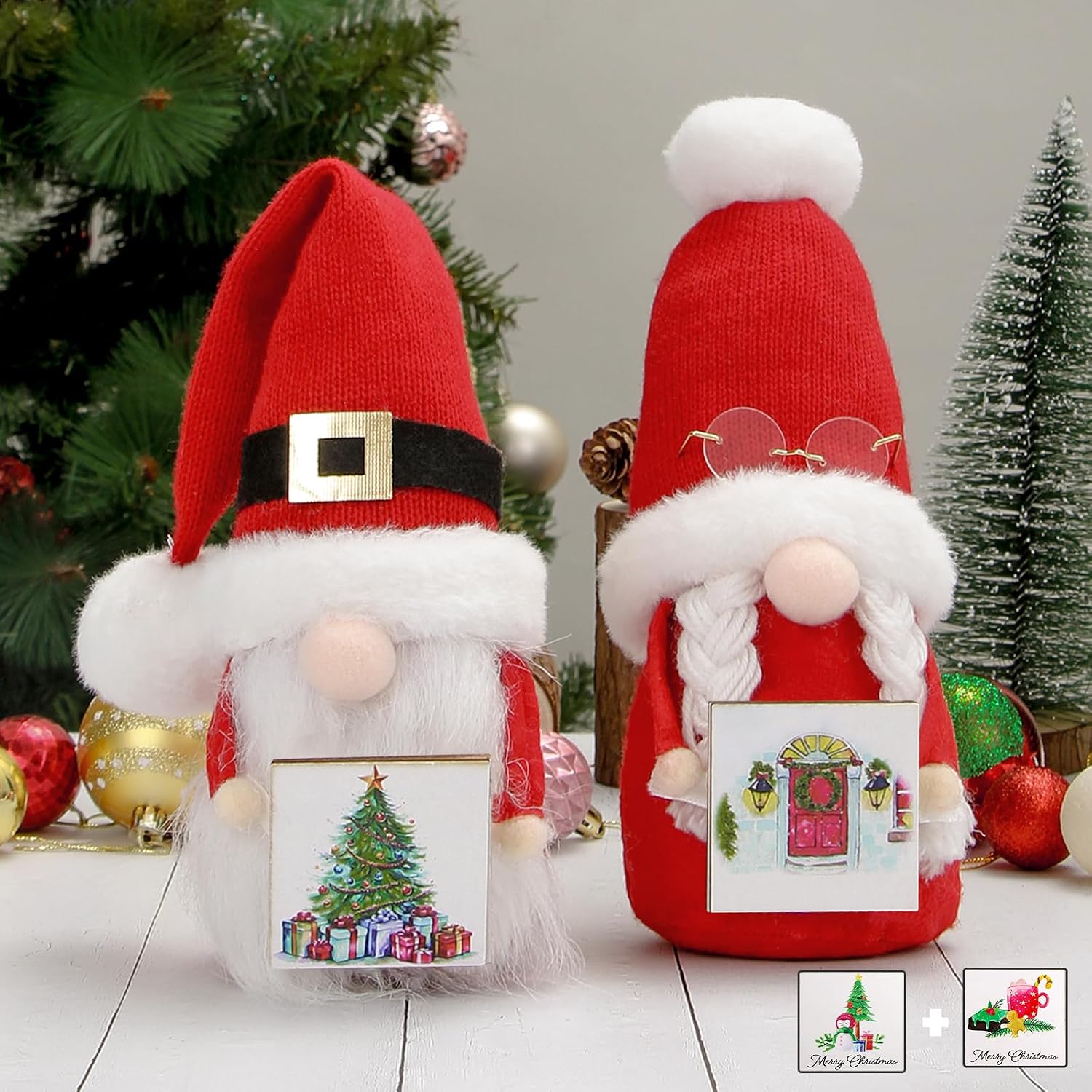 BWFY 2 Pack Christmas Gnomes Decorations with Wooden Signs